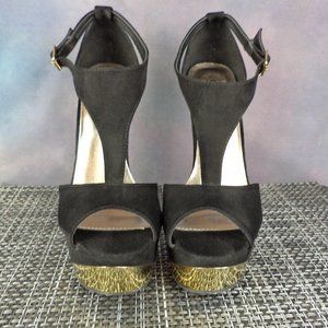Black & Gold peep-toe t-strap suede platform 5" heels.